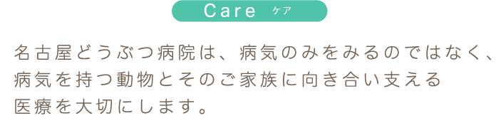 Care ケア 名古屋どうぶつ病院は、病気のみをみるのではなく、病気を持つ動物とそのご家族に向き合い支える医療を大切にします。